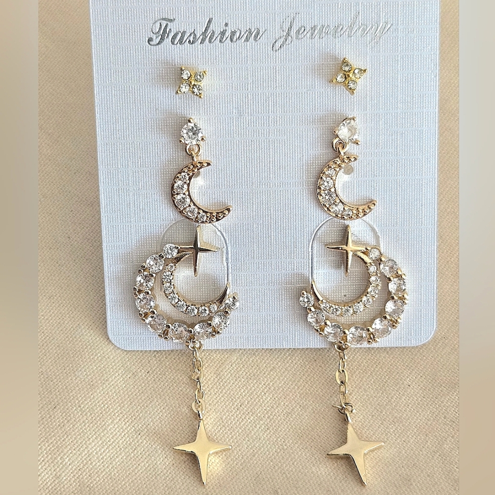 3 Pairs Of Crescent Moons And Star Dangle Earrings